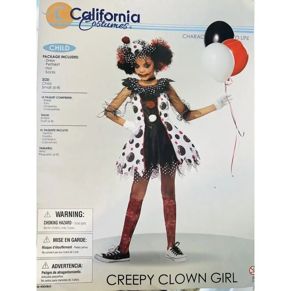 California Costume Creepy Clown Costume Girls Size Small Halloween Goth Scary